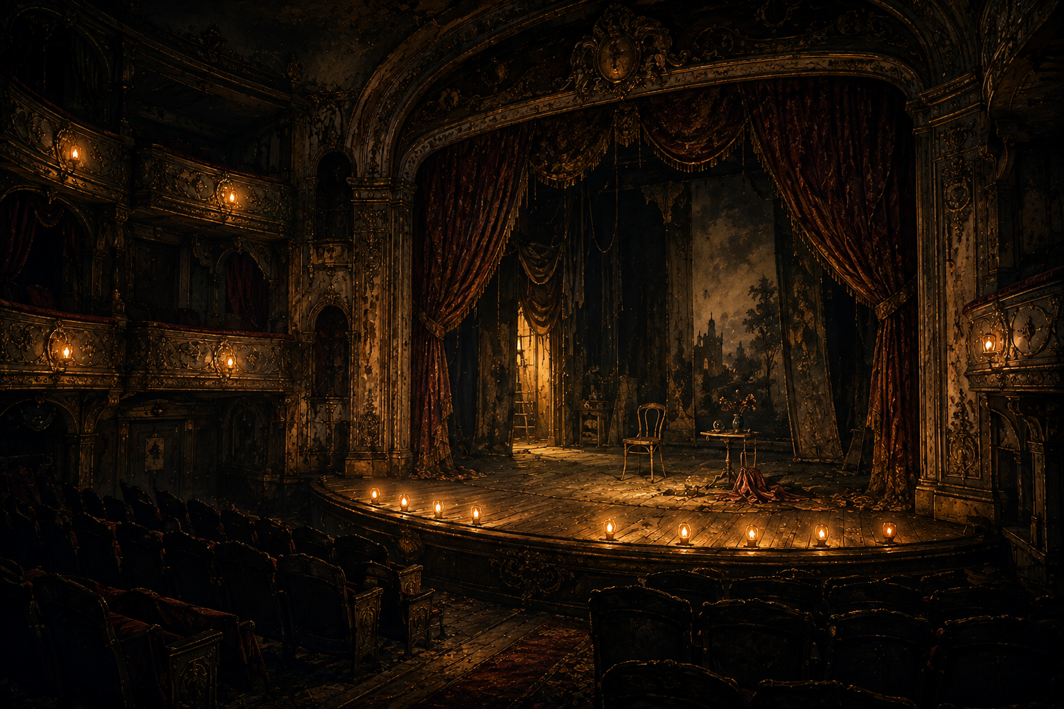 A glowing old theater tent under night lights.
