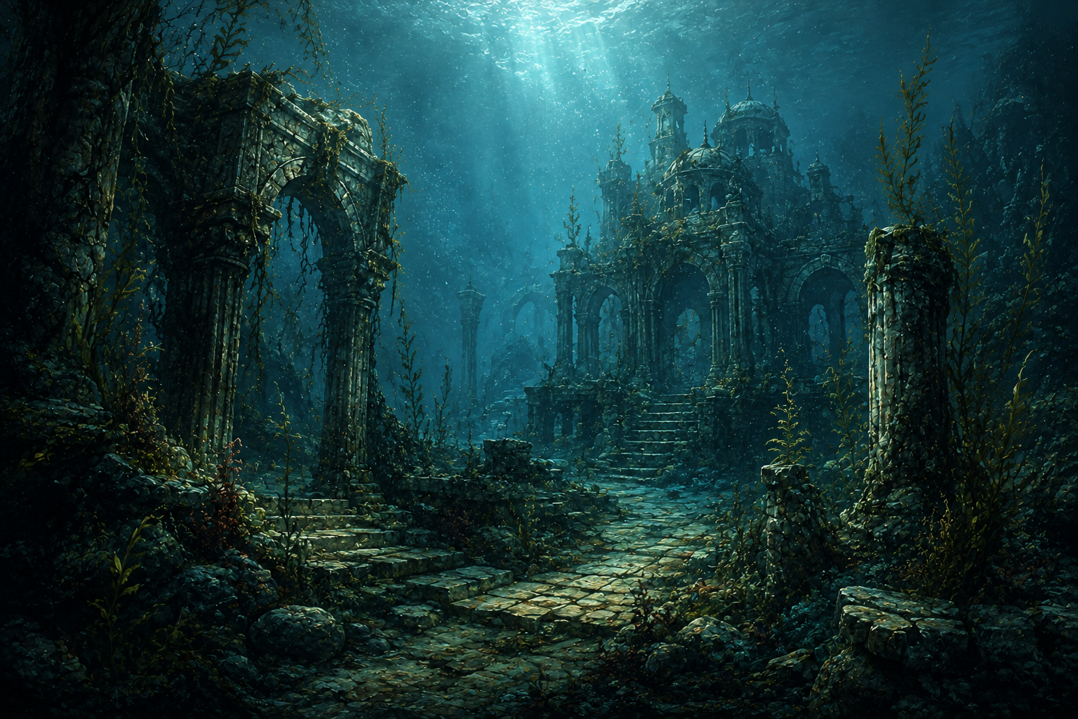 A submerged gothic structure in blue-green ocean darkness.
