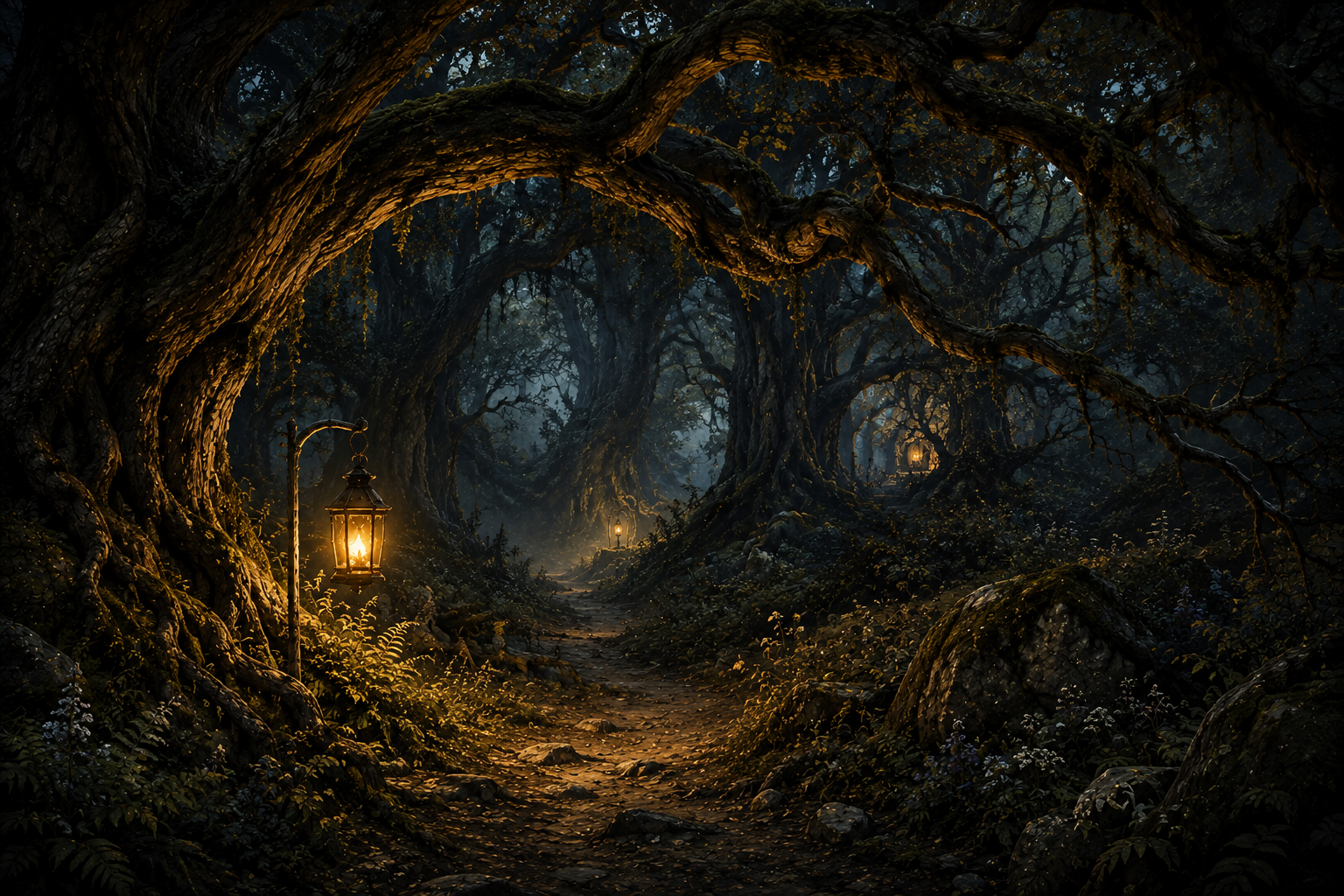 A lamplit cottage deep inside an old forest.