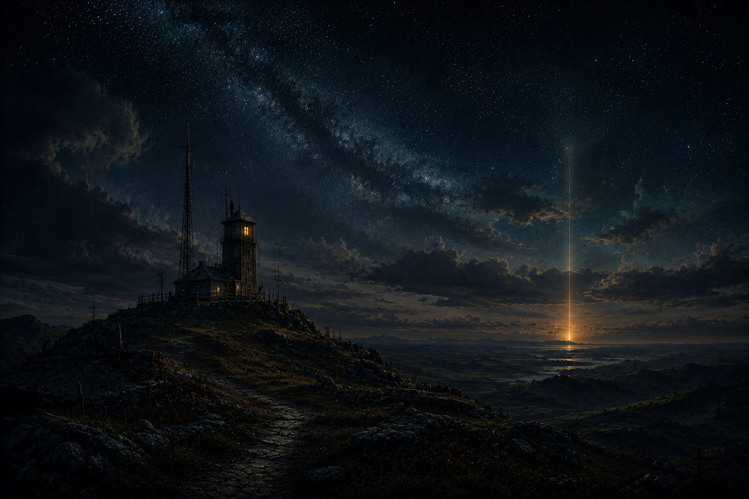 A dark spacecraft crossing a moonlit sky over distant hills.