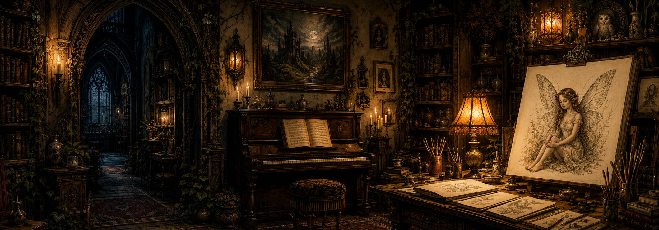 A candlelit old studio library with books, framed paintings, a piano and moonlight at the window.