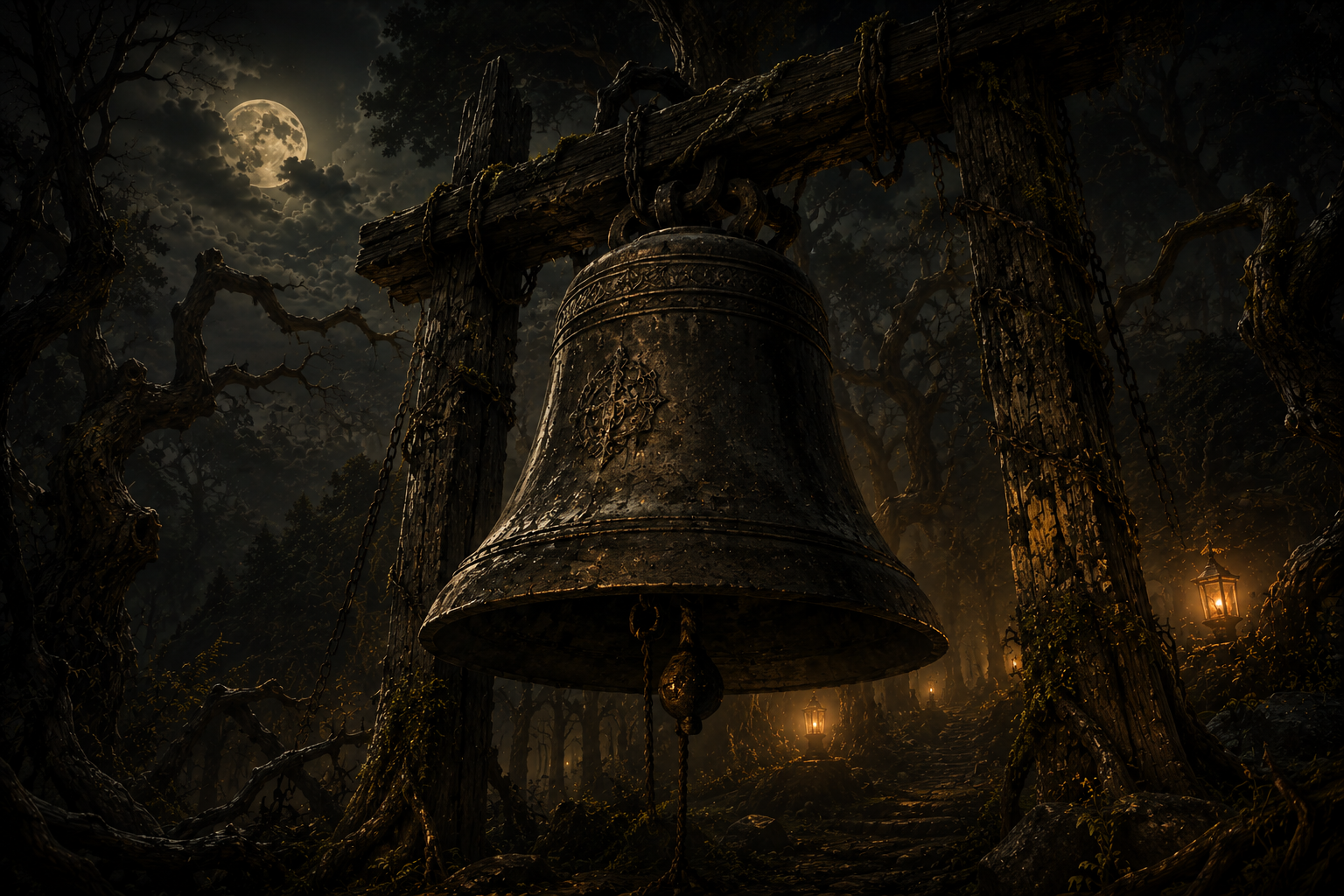 A dark forest clearing with a hanging bell and warm lantern light.