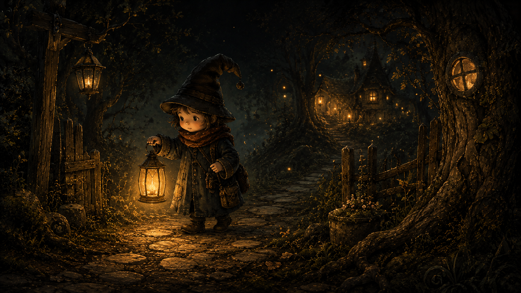 A small lantern-lit figure among pumpkins and woodland shadows.