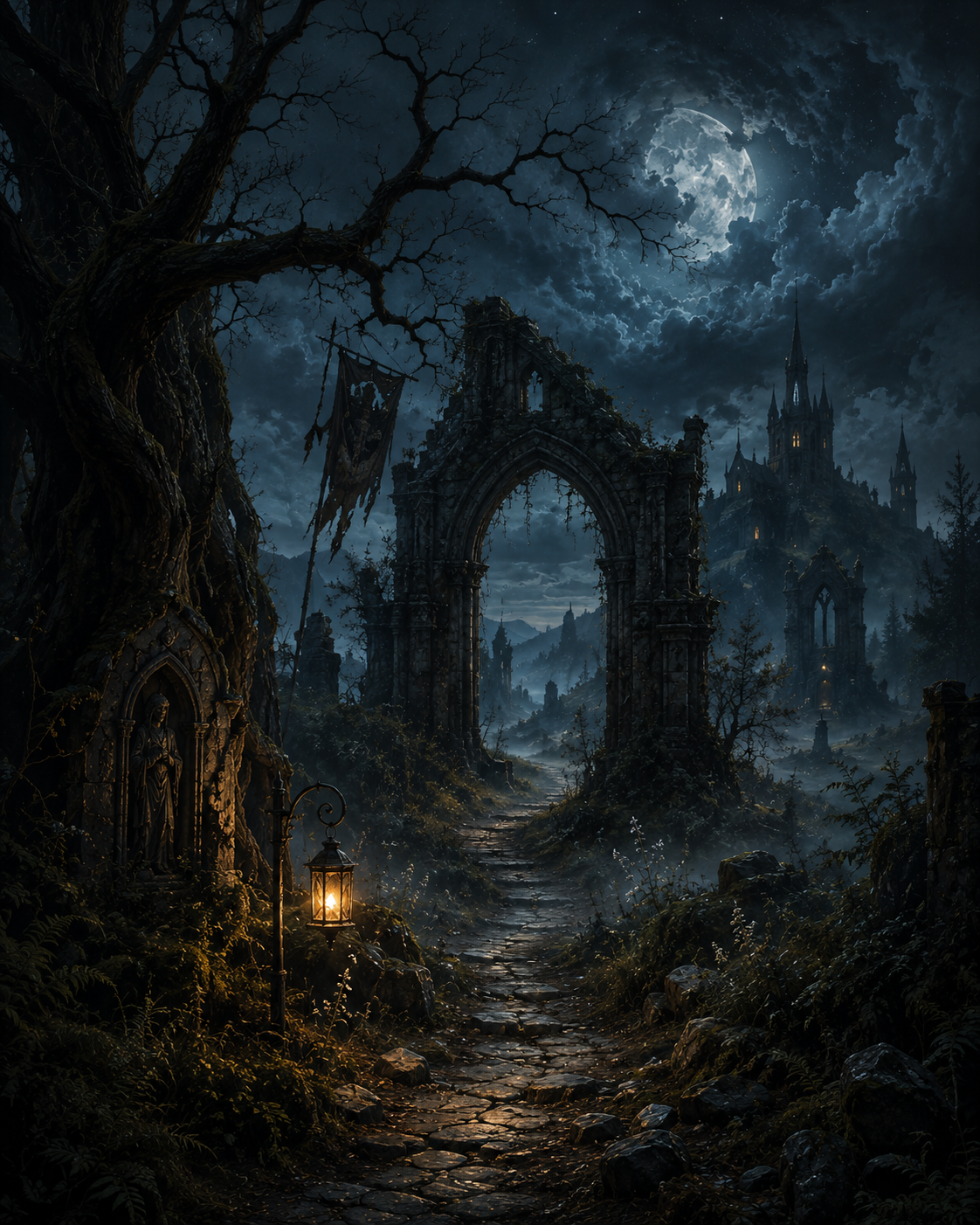 A narrow forest path fading into shadow.