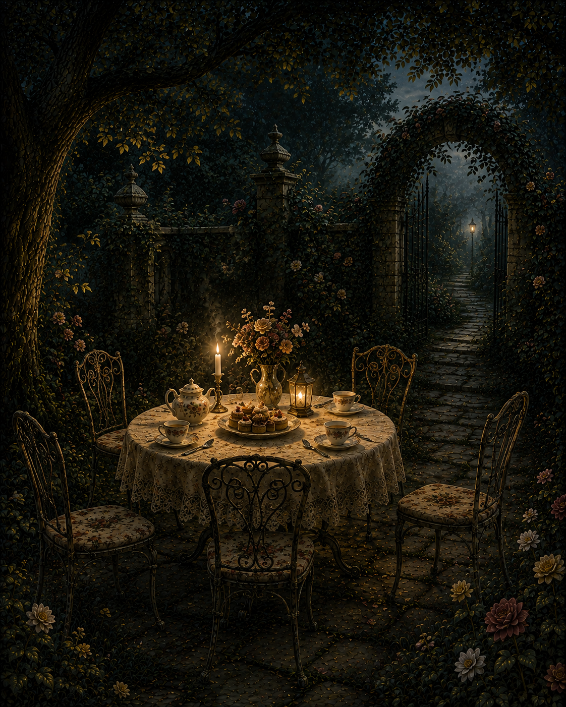 An abandoned garden tea table lit by warm lanterns beside a path disappearing into the trees.