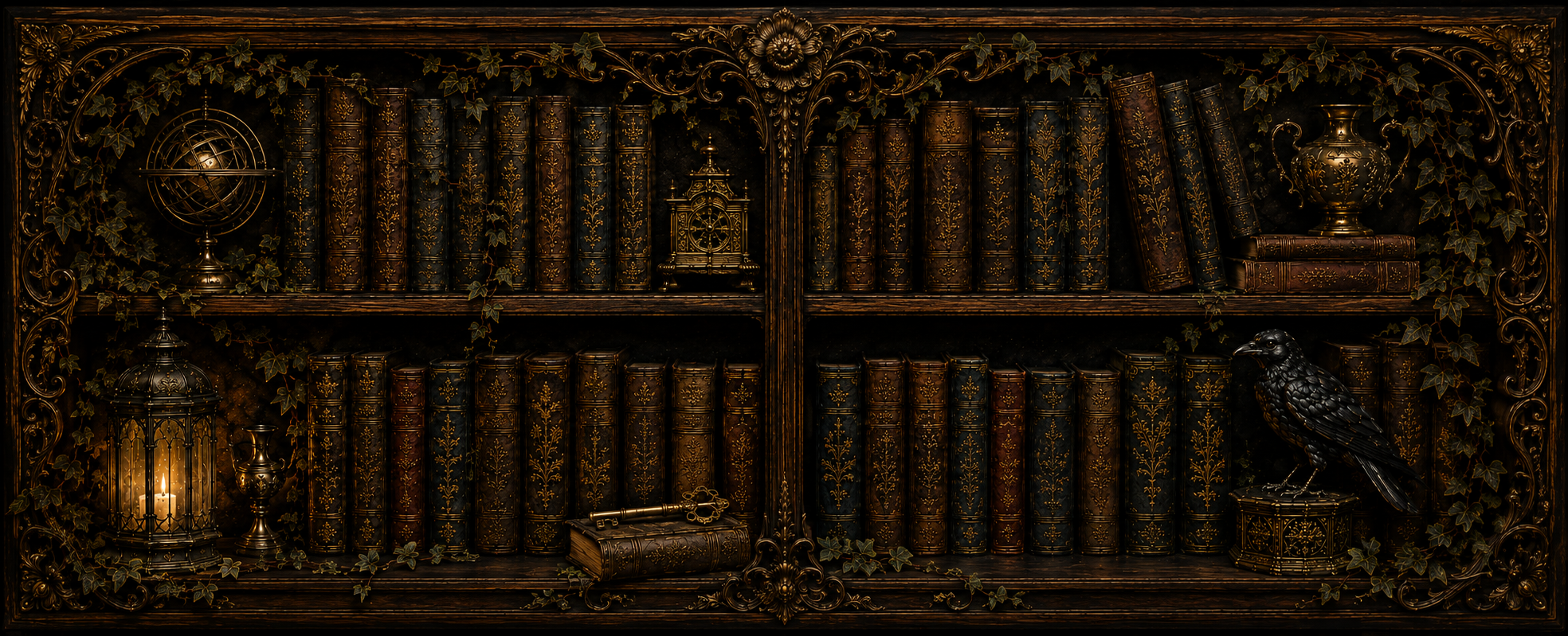 Antique bookshelf with old books, a lantern, key, and crow.